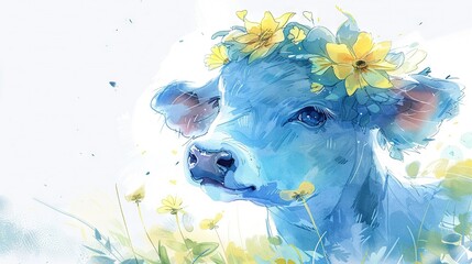  A blue cow with yellow flowers on its head in a field of wildflowers painted