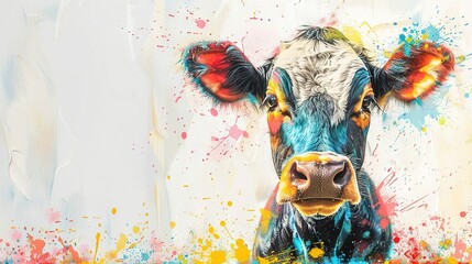  A vibrant depiction of a cow's visage adorned with multicolored splatters, accentuating its facial features