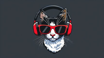   A black and white cat wearing headphones and red glasses has a cat's face at its center - obrazy, fototapety, plakaty