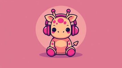   A Pink Cartoon Giraffe Sits in Front of a Pink Background with a Pink Circle Behind It