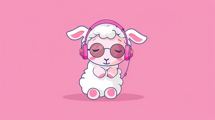   A cartoon sheep in headphones on a pink background with pink accents