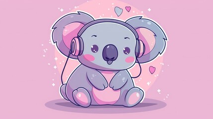   A Koala Bear with Headphones on Pink Background with Heart-Shaped Balloon