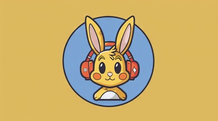  A blue circle adorns the head of a cartoon rabbit wearing headphones