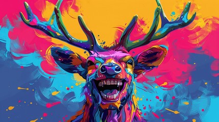   A vibrant depiction of a deer with its mouth agape and teeth displayed against a backdrop of blue, pink, yellow, and pink - obrazy, fototapety, plakaty