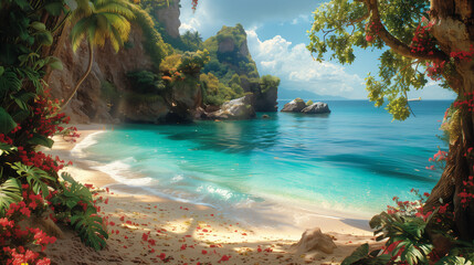 Hidden Cove: Tranquil Beach Oasis Framed by Flowers