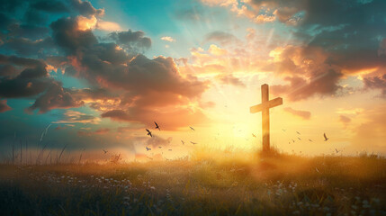 A cross with birds flying in the sky at sunset, symbolizing Jesus' themes of death and rebirth for Easter on the YouTube video background.