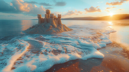 Sunset Serenity: Majestic Sand Castle on a Secluded Beach