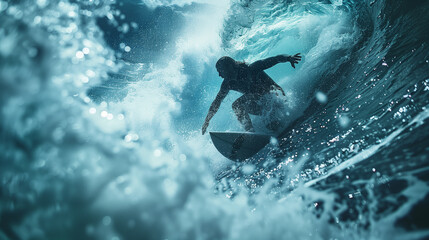 Ocean Thrill: Surfer Maneuvering a Powerful Wave