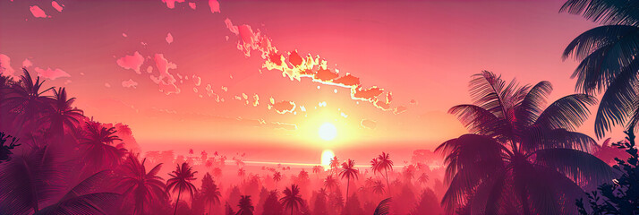 Tropical Island at Sunset, Silhouetted Palm Trees and Vibrant Sky, Idyllic Vacation Background