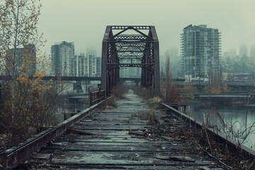 Tranquil Abandoned city bridge. Factory house. Generate Ai