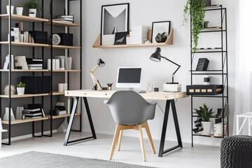 A stylish home office with a sleek desk, ergonomic chair, and shelves filled with books and decorative items that inspire creativity.