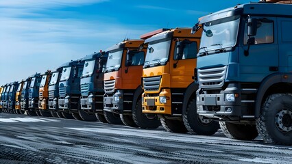 Trucks in Formation Under Clear Blue Sky, Ready to Conquer the Road. Concept Trucks, Formation, Clear Sky, Road Conquest, Blue Sky