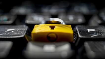 Symbolism of Digital Security: Yellow Padlock on Enter Key. Concept Cybersecurity Awareness, Online Protection, Data Privacy, Technology Symbols, Digital Security Features