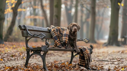 a chocolate brown pitbull puppy sitting on a rustic wooden bench, snuggled warmly in a plaid...