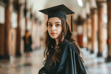 Happy female graduate student in graduation gown and cap standing on a college campus