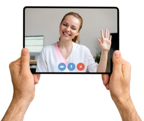 Telemedicine. Healthcare worker waving hand on screen of digital tablet while video call with patient.