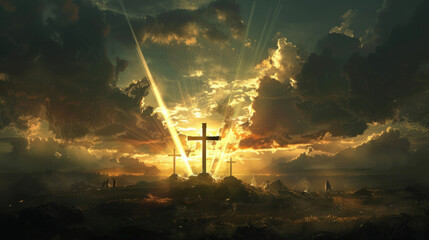 A shining cross in the sky, accompanied by three other crosses and rays of light bursting forth...