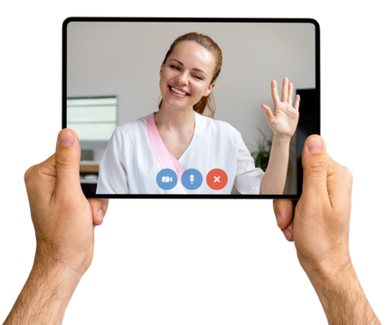 Telemedicine. Healthcare worker waving hand on screen of digital tablet while video call with patient. 