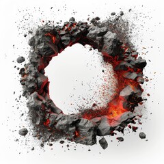 explosion of round rock with lava on white background