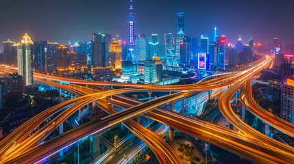 Obraz premium Shanghai elevated road junction and interchange overpass at night, Shanghai China