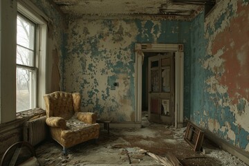 Dust-laden Abandoned room interior. Dirty mystery. Generate Ai