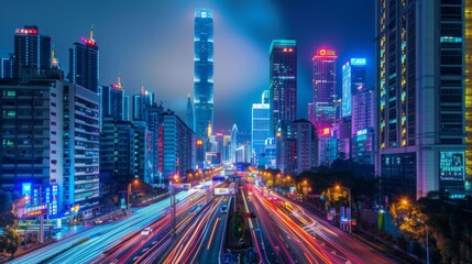 Obraz premium Shenzhen city buildings at night and blurred car lights