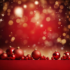 image for christmas card, red background, a christmas tree and christmas balls
