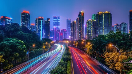 Fototapeta premium Shenzhen city buildings at night and blurred car lights