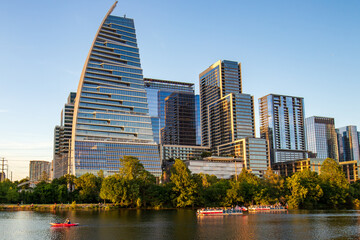 Modern architecture and high-rise buildings of Austin, Texas with summer sunlight reflections on...