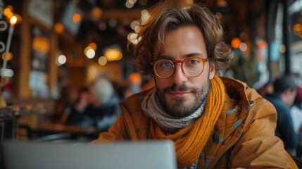 Fototapeta premium Entrepreneur working on a startup idea in a lively cafe, casual yet focused setting, YouTube thumbnail with copy space for text on left