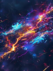 This mesmerizing art print showcases an abstract, futuristic interpretation of electric lightning bolts, with electrifying bursts of electricity in vibrant neon colors against a dark backdrop. The