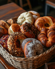 presenting breads and pastries of different shapes, placed together in a single basket, presenting different flavors of different types of bread