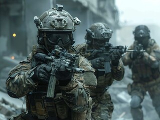 Fototapeta premium Special forces operatives in full gear, advancing cautiously through a wartorn city 8K , high-resolution, ultra HD,up32K HD