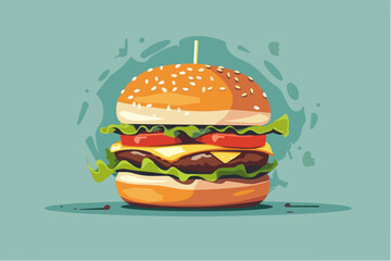 Illustration of a juicy burger on a blue background. Fast food. Junk food.