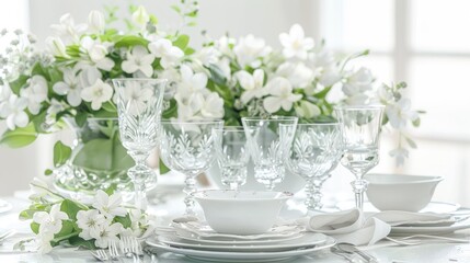 Obraz premium a luxurious French chateau dining experience, featuring an elegantly set table adorned with sparkling crystalware, encircled by vases brimming with vibrant purple and white lilac blossoms.