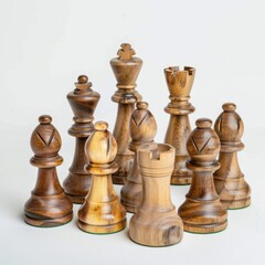 Wooden chess pieces stack on top of each other in a unique and artistic formation