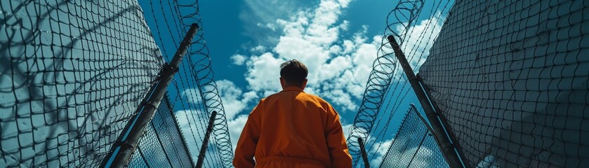 A convict in an orange jumpsuit, looking at the sky from within the penitentiary walls - obrazy, fototapety, plakaty