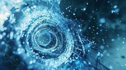 Cool-toned digital vortex with cybernetic particles on an ice blue background.