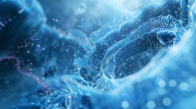 Cool-toned digital vortex with cybernetic particles on an ice blue background. - Powered by Adobe