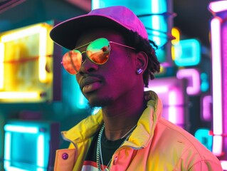 Obraz premium A male rapper posing confidently in a fashionable golden cap, with space for copy
