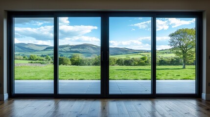 Naklejka premium modern living room in North Wales, featuring expansive glass doors that offer panoramic views of the picturesque rolling green pastures, majestic hills, and the endless expanse of blue sky.