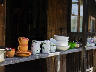 Rustic dishes on the porch