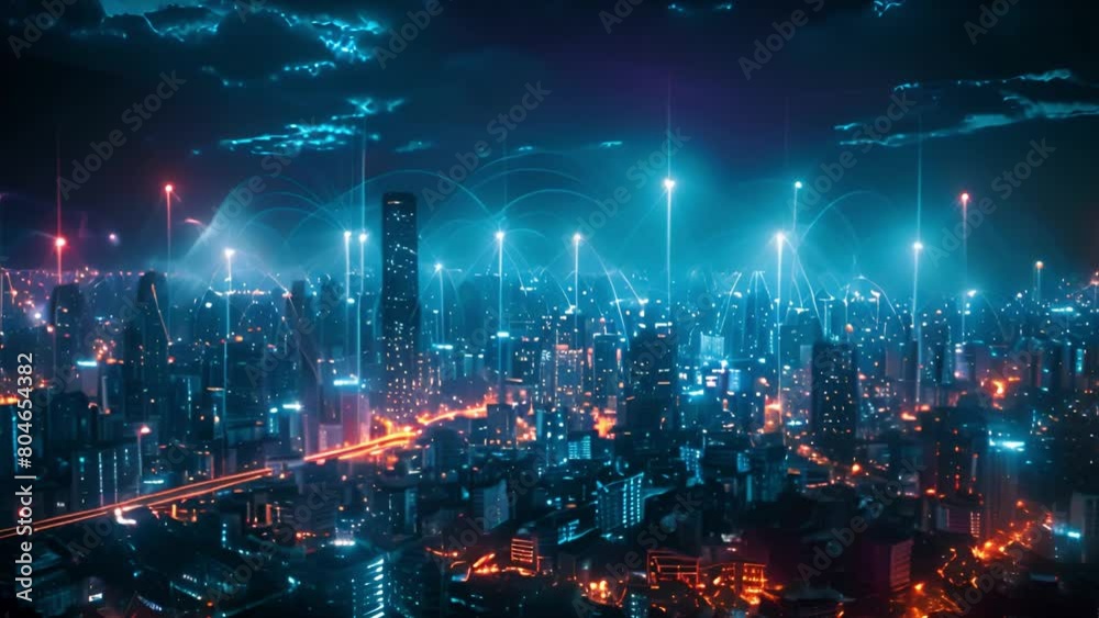 Poster A skyline view with illuminated buildings under a network of digital connections.