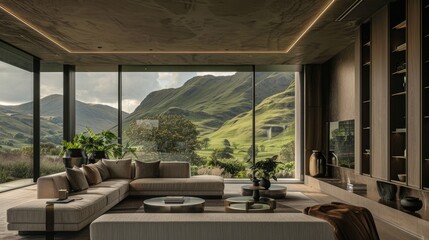 modern living room in North Wales, featuring expansive glass doors that offer panoramic views of the picturesque rolling green pastures, majestic hills, and the endless expanse of blue sky.