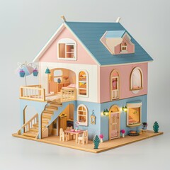 Obraz premium A charming dollhouse featuring a staircase leading up to a quaint balcony