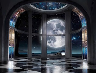 幻想的な満月と夜景が見えるロビー風景と窓枠のある部屋	
