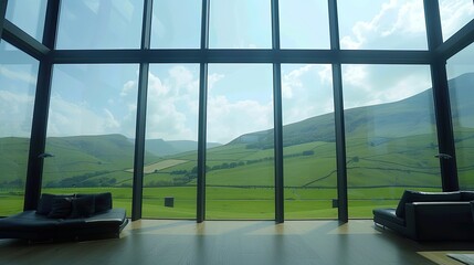 Naklejka premium modern living room in North Wales, featuring expansive glass doors that offer panoramic views of the picturesque rolling green pastures, majestic hills, and the endless expanse of blue sky.