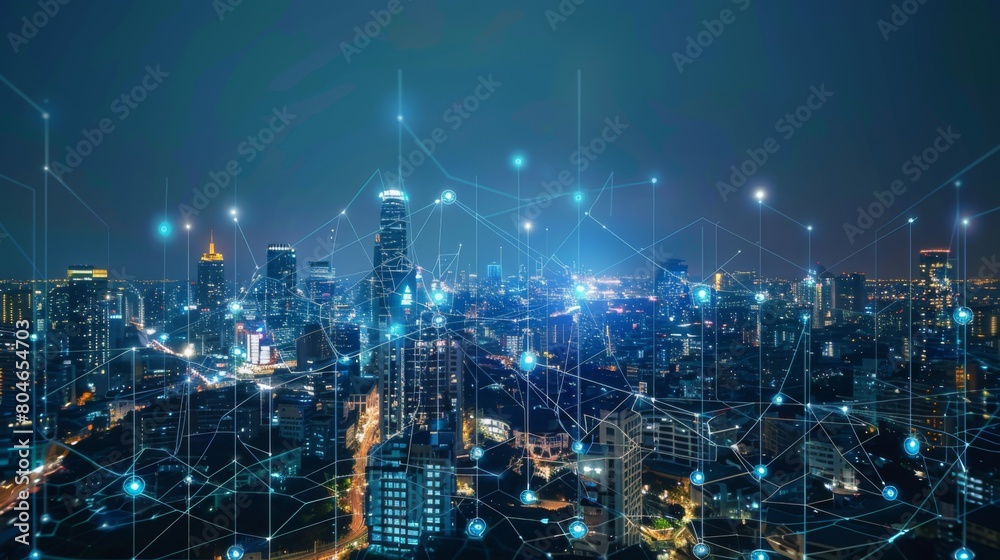 Poster Smart city connection dot point connect with line network, technology metaverse concept.Big data connection technology. Telecommunication