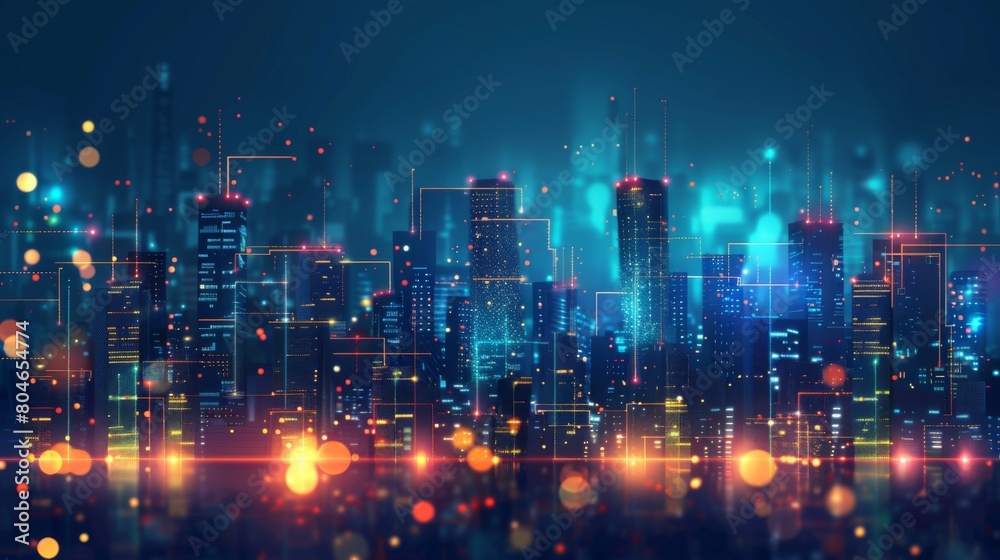 Poster Smart city with particle glowing light connection design, big data connection technology concept.
