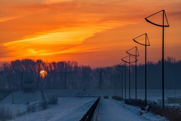 Novokuznetsk, Russia. The South of Western Siberia. The rising sun over the lanterns of the...